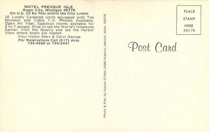 Presque Isles Huron Shore Motel (Presque Isle Motel) - Old Postcard Back (newer photo)